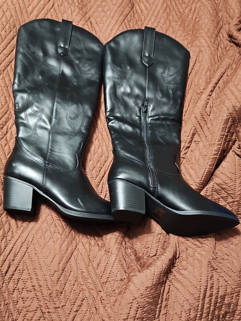 Classic Black Mid-Heel Western Knee Boot